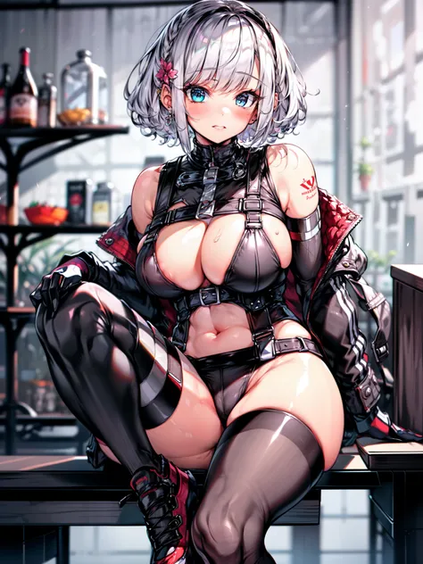 a sexy anime dressed character has large breasts in lingerie and underwear, 1girl, (((large breasts))), pubic hair, solo, gloves, spread legs, female pubic hair, white gloves, white thighhighs, navel, thighhighs, blonde hair, blue eyes, veil, nipples, look...