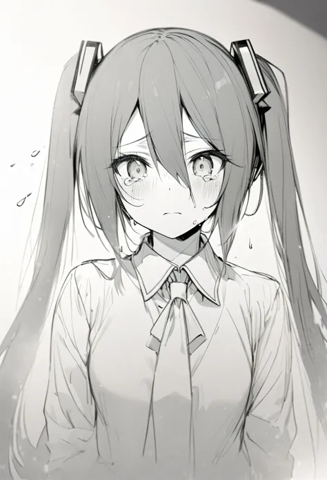 hasune_miku, slightly sad face, tear dropping, fading out, monochrome, pencil sketch, ultra detailed, 8k