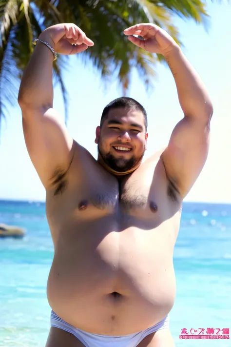 ((highest quality)), ((masterpiece)), (detailed), Perfect Face、Shaved head、Young Japanese、Muscular、Fat body、Big guy、smile、white small swimsuit、Raising his arms、Accentuate your thick legs
