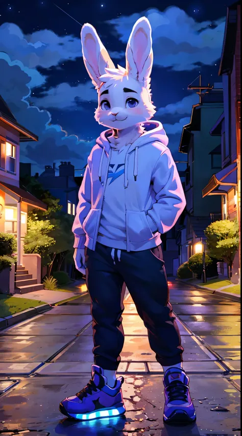 a full body, anthropomorphic white rabbit kid wearing a light purple hoodie, pants, sneakers, rabbit face, cute face, glossy fur...