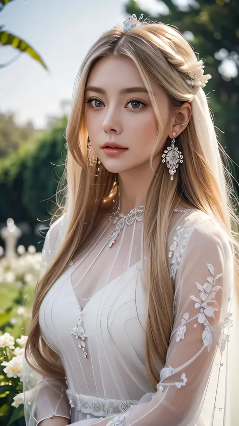 Blonde long-haired woman, Iris, Royalty, White see-through dress, Red Jewelry, Red earrings, moon, Noble, Lady, high quality, Very detailed, Detailed face, masterpiece, city, garden, Flowers, Light,(((White see-through dress)))､(((Upper body portrait)))