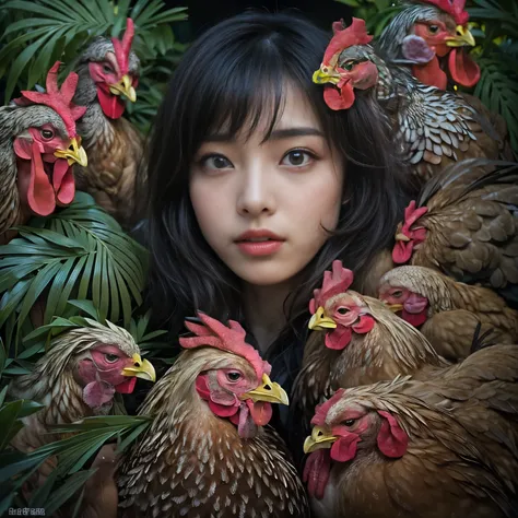 (highest quality、super detailed、real:1.37)、(professional、bright colors)、(portrait)、((human-faced chicken:1.7))、(beautiful detail...