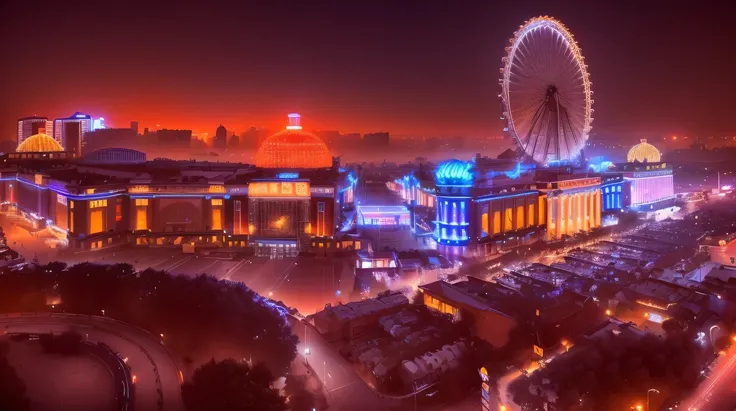 Night cityscape with ferris wheel in the background, Baotou China, Beijing, wide angle panorama, Beautiful images, Beautiful high resolution, Shopping mall background, Night Shooting, Wide-angle lens, Wide-angle lens, Wide-angle lens, Stunning images, Post...