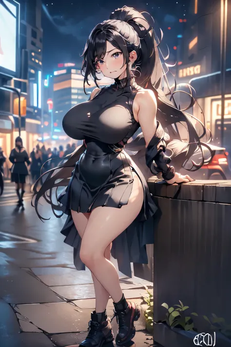 an adult, mature woman, sculpted body, overweight 100 kilos, long black hair tied in a ponytail, big tits, wearing a long neon pink qipao and a leather pleassed skirt that leaves her shoulders showing, full body photo, work of art, best quality, detailed e...