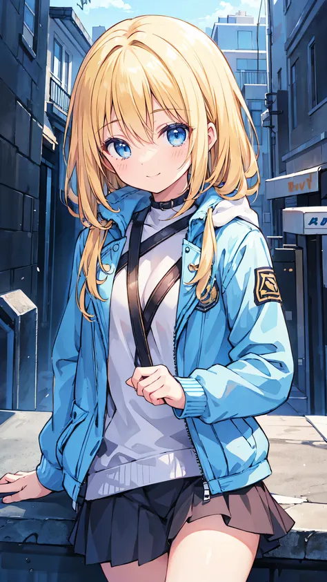 Christian AOT, One girl, alone, Krista Lentz, smile, Hair between the eyes, blue eyes, Blonde, Jacket, Medium Hair,