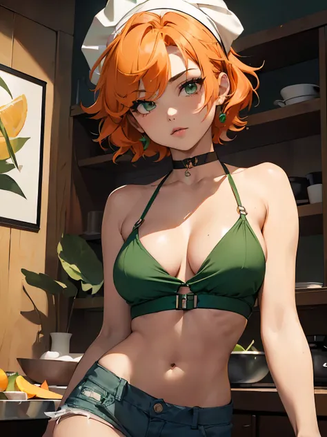 (masterpiece)(8k)((cute))(18-year old girl)(wild hair:1.3)(short hair:1.3)(orange hair)(flat chest)(small breasts)(white chef bandana:1.2)(green pupils)(glossy skin)(glossy lips)(shiny)(seductive)(choker necklace)(lime-green camisole)(bra straps)(denim sho...