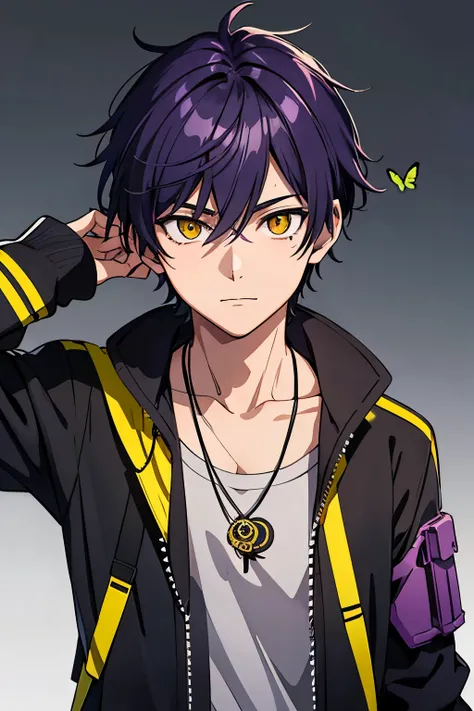 Teenage Male, Dark Purple Hair, Yellow Eye, Butterfly Necklace, Gray Shadow Spec Ops Outfit, School Theme Background, Happy Emotion mood, Anime, Masterpiece.