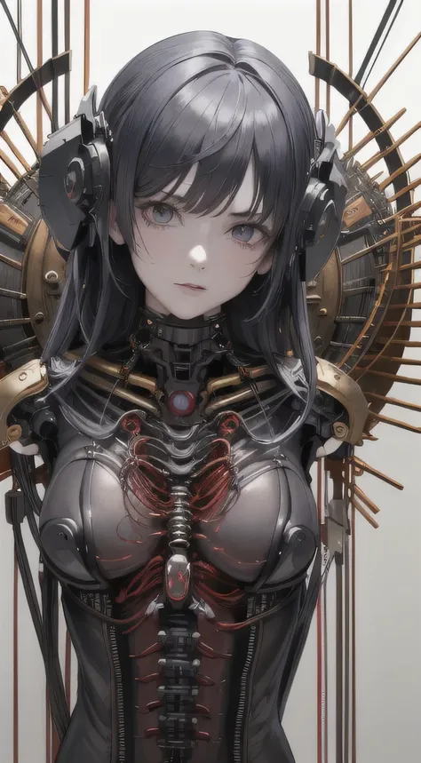 (((masterpiece))), ((highest quality)), (Super Detail), (CG illustration), (So evil and beautiful)), Cinematic Light, ((1. Mechanical Girl)), single, (Mechanical Arts: 1.4), ((Mechanical Limbs)), (Blood vessel attached to a tube), ((Mechanical spine attach...