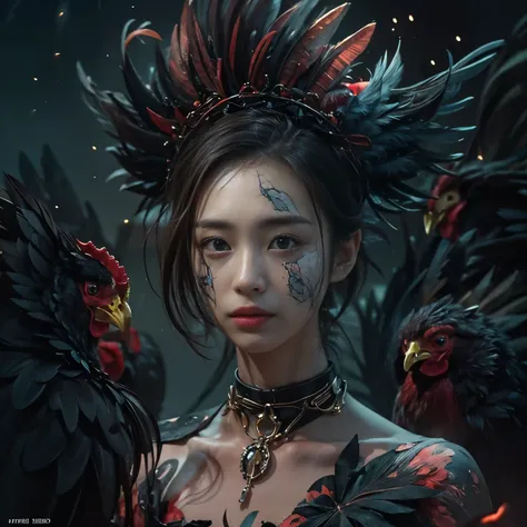 (highest quality、Super detailed、Real:1.37)、(professional、Bright colors)、(Dark fantasy)、((Human-faced chicken:1.5))、（Human-chicken hybrid creature)、(Apparition)、(The face of a young and extremely beautiful woman:1.4)、(Beautiful detailed eyes、Beautiful detai...