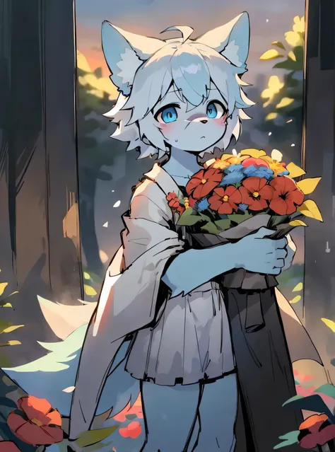 （masterpiece, best quality:1.3), high resolution, Wolf，White hair，The fur on the arms and calves is a gradient sky blue，Sky blue pupils，Sky blue ear hair，A flush on his face，Blurred eyes，Male beasts too，Long white hair，cute，Stand in a sea of flowers，Wearin...