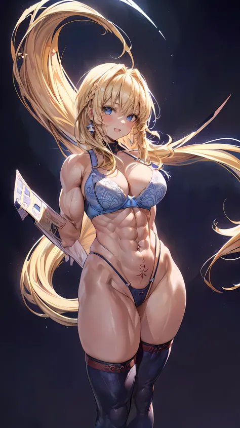 Very detailed、highest quality、Best image quality、masterpiece、8k、Anime Face、A kind smile、(Open your mouth:1.3)、Sparkling blue eyes、(Blonde semi-long hair:1.5)、(Muscles of the whole body:1.3)、(highleg:2.0)、(Wearing a thong:1.5)、Thigh belt、(Cowboy Shot:1.5)、(...