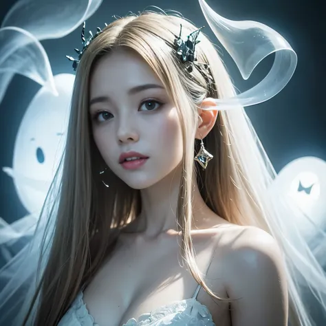 The concept of beauty、existence like air、ghostly ghost、Unforgettable beauty、Mysterious atmosphere、Dark and eerie、Ethereal glow、supernatural energy、A ray of smoke、Translucent figures、Spiritual Reality、Hauntingly beautiful、Ethereal Princess、Ghostly Aura、Ethe...