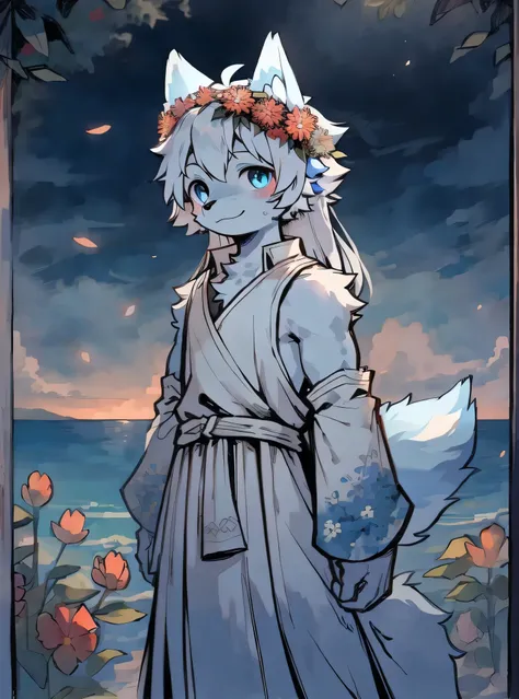 （masterpiece, best quality:1.3), high resolution, Wolf，White hair，The fur on the arms and calves is a gradient sky blue，Sky blue pupils，Sky blue ear hair，A flush on his face，Blurred eyes，Male beasts too，Long white hair，cute，Stand in a sea of flowers，Wearin...