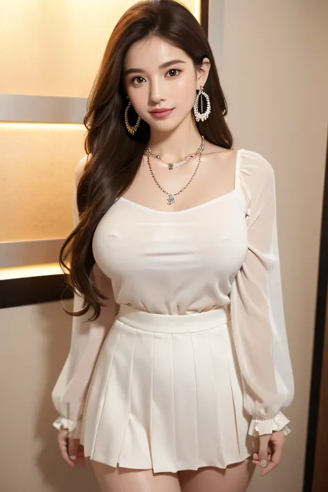 Ultra-high resolution, Better Quality, photo shoot, 4K, (Realistic:1.4) Freckle portrait photography , Big breasts super long brown hair, brown eyes,Wearing frilled white shirt_long see-through sleeves、Pleated mini skirt in off-white,shy smile,((Gorgeous n...