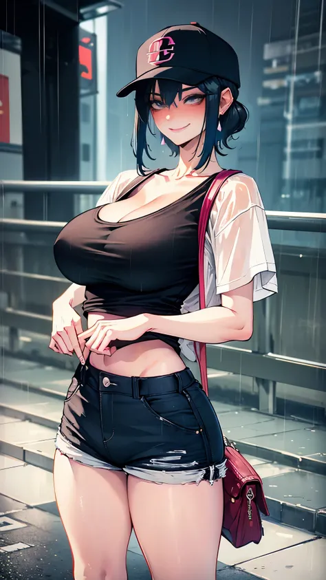 super resolution,
(realistic:1.3),
(1 slim girl), stylish girl, fashion,
young face, blush, (evil smile),
(slim) thigh, (((Big Breasts))),
baseball cap, earrings,
(black t-shirt), (baggy cargo short pants),
gravure,
Rainy streets