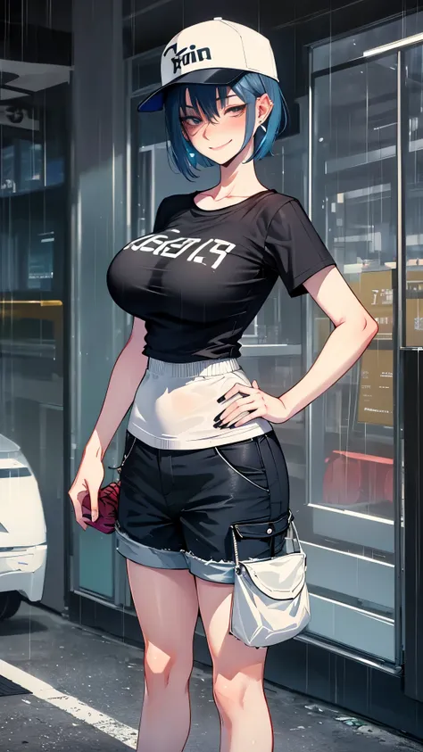 super resolution,
(realistic:1.3),
(1 slim girl), stylish girl, fashion,
young face, blush, (evil smile),
(slim) thigh, (((Big Breasts))),
baseball cap, earrings,
(black t-shirt), (baggy cargo short pants),
gravure,
Rainy streets