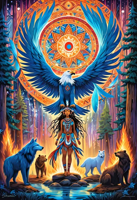 Painting of a mystical scene with thick colored brushstrokes, ancestor of a beautiful Native American woman in traditional dress in the middle of sacred totems, vibrant tones, spiritual aura.
A majestic eagle spirit that soars, an ethereal wolf spirit tha...