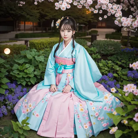 best quality, high_resolution, distinct_image, detailed background ,girl, hanbok,flower,garden,moon, night,dutch angle, wide sho...