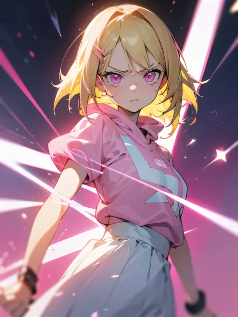 anime girl, blonde hair, Pink delicate eyes, neon,higly detailed,Glaring at the camera、 pink hairpins, Y2K sweatshirt, white skirt, stocklings, Tulfi, Serious face, pupils in the form of stars,