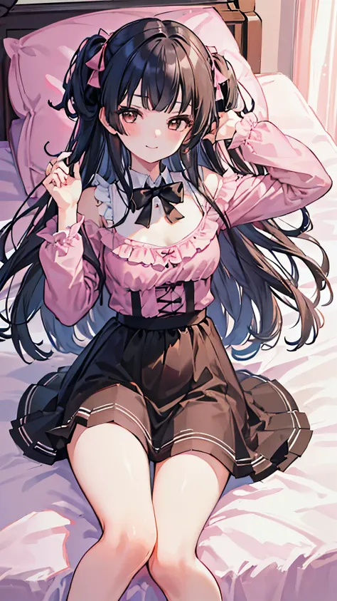 (8k、Best image quality、highest quality、masterpiece)、Detailed face、 1 girl、 fuyuko mayuzumi、black hair、brown eyes、long hair、two side up、smile、Moderate breasts、Pink frilly outfit、Black bow tie、((black it flat、On the bed、Bedroom Background、Shoot from above
