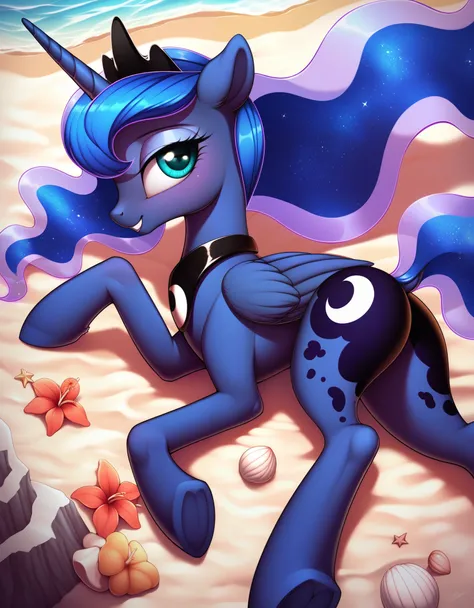 score_9, score_8_up, score_7_up, score_6_up, feral_pony, princess luna, pony, anatomically correct,  cbtwi, beach, laying