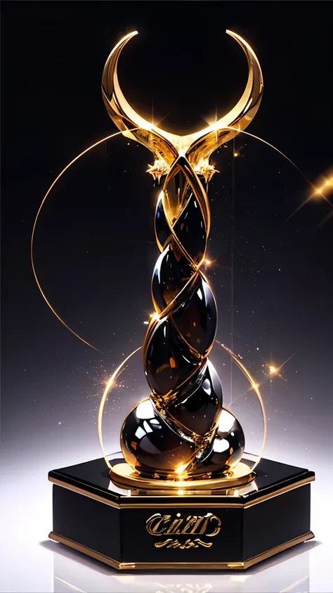 best quality, super fine, 16k, golden trophy, shiny gold plating, twisted, luxurious and cool form, displayed on iridescent crystal base, background translucent black room, light-up