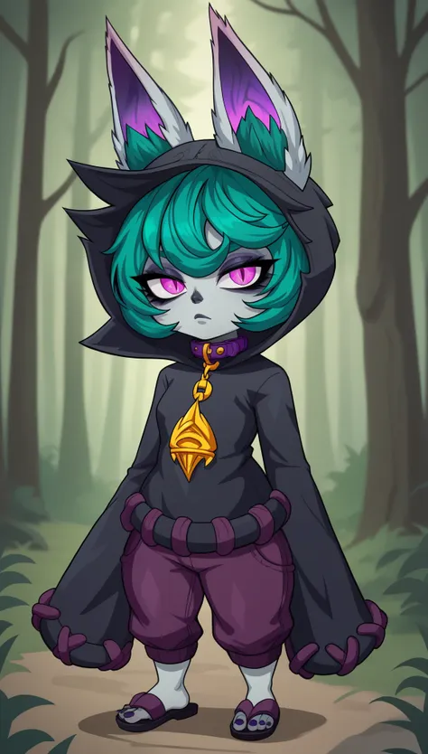 vexlolxl, yordle, shortstack, pink eyes, green hair, bangs, short hair, grey skin, colored skin, black hood, hood up, ears throu...