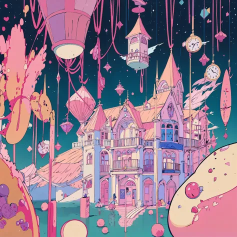 One(pink hair),The girl falls in the air and looks at the candy castle with the clock and the gummy bears running around it.,fairy tale style