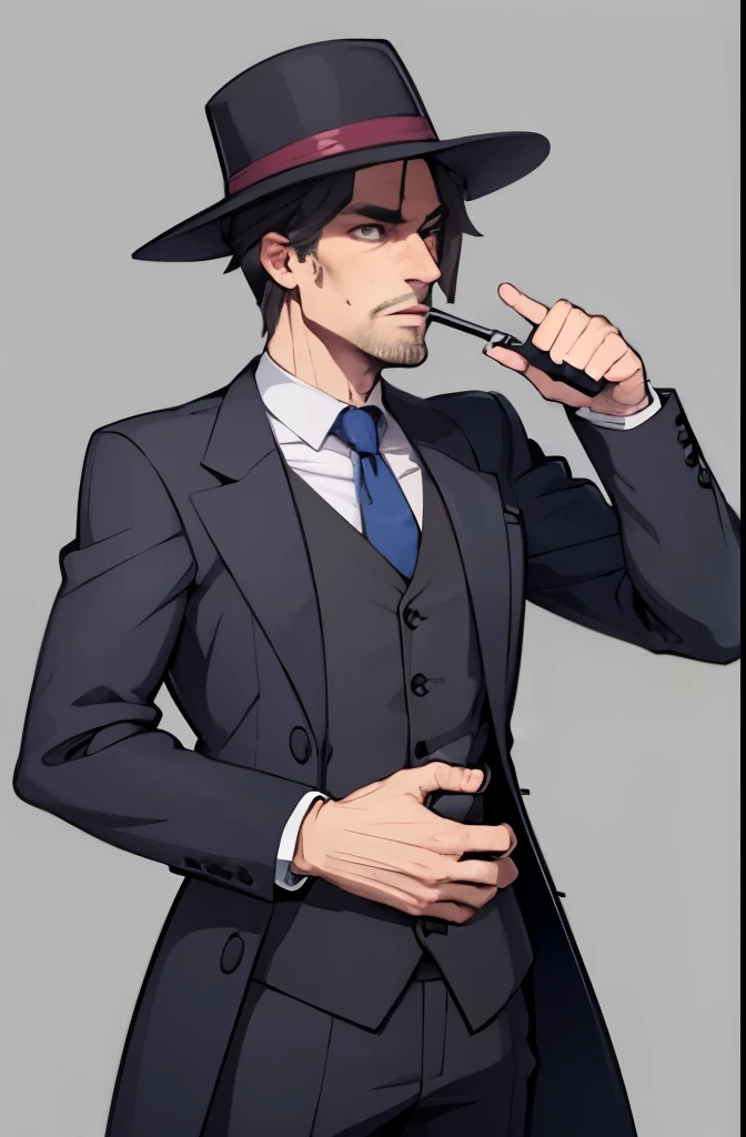 a tall, lean around 40 to 50 years old man with sharp features and piercing eyes. He dresses impeccably in a tailored suit, often accessorized with a deerstalker hat and a curved pipe. His demeanor exudes confidence, intelligence, and an air of mystery. 
A...