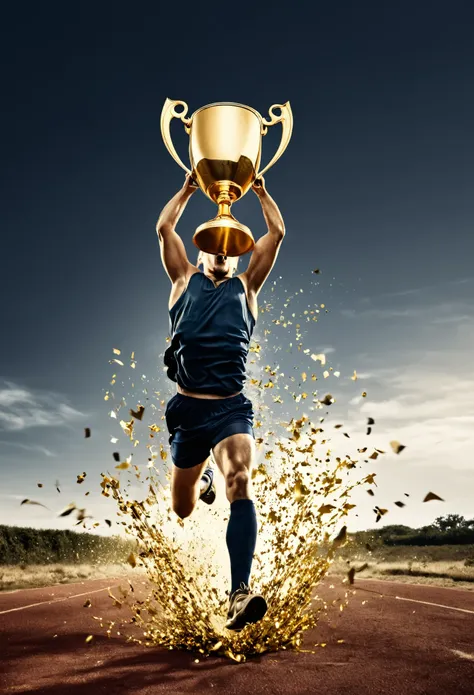 a dramatic surreal shot of a passionate hardworking man running towards his goal, a surreal oversized gold trophy ahead