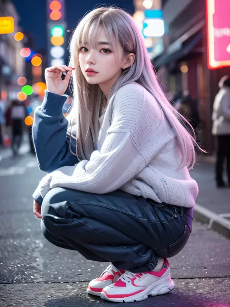 (masterpiece, 8k, ultra high definition: 1.3),Korean woman in her 20s, Big size aviation jumper, loose cargo pants, silver hair, Long Wave Hair, Street, night, colorful neon sign, squat