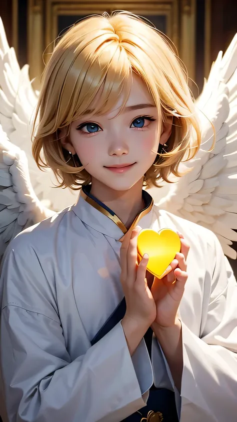 A boy angel who serves the Sun Goddess。 Make a big heart with your hands、He puts his face in it and smiles.。A pose that makes you feel like the king of love。Blonde。Wearing clothes that don&#39;t reveal any skin。The location is a sanctuary bathed in sunligh...