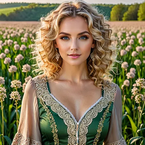 (masterpiece:1.2), (best quality:1.2), perfect eyes, perfect face, perfect lighting, 1girl, mature female in a field, medium blo...