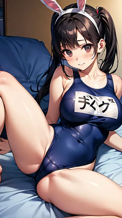 School Swimsuit　, sport Swimsuit　, 　Bunny headband　, futon　, mattress　, Twin tails , bed, bigbreasts,　, black hair, name tag, Photorealistic　perfect face,looking at viewer,Spread your legs,((Innocent and Cute girl:1.3)), (focus on face), 