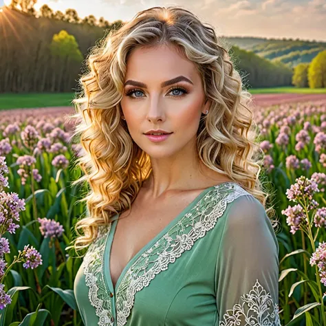 (masterpiece:1.2), (best quality:1.2), perfect eyes, perfect face, perfect lighting, 1girl, mature female in a field, medium blond hair, curly hair, detailed clothes, detailed outdoor background, makeup, eyeshadow, thick eyelashes, fantasy, looking at the ...