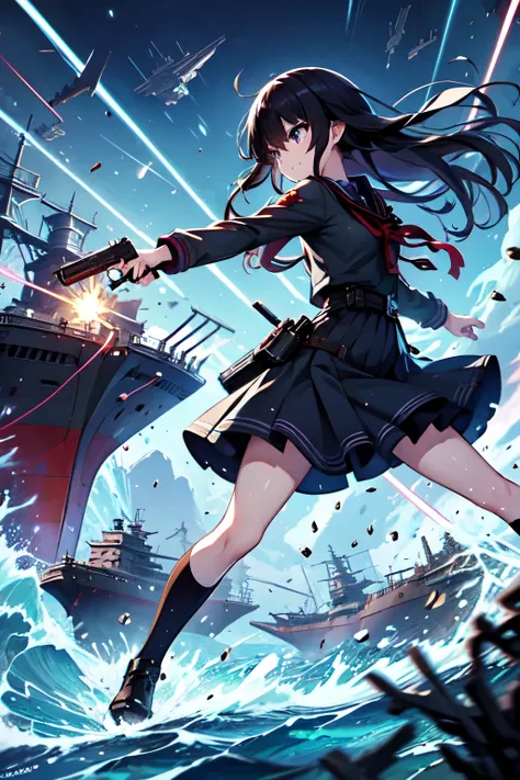 masterpiece,best quality,highly detailed,1girl,solo,
clenched teeth,struggling,serious,v-shaped eyebrows,fighting stance,(((ocean, ship, from side))),
BREAK
takina inoue,purple eyes,black hair,long hair,lycoris uniform,green ribbon,long sleeves,two-tone dr...