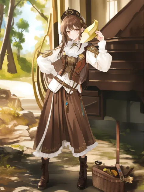 (brown long hair swept bangs:1.3), there is a woman in a costume holding a banana and a basket, steampunk clothes, delicate androgynous prince, beautiful androgynous prince, wearing steampunk attire, xix century military outfit, victorian inspired clothing...