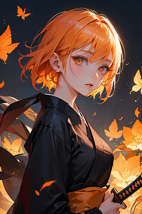 masterpiece, highest quality, so beautiful、Latest、Slender and cool girl, Orange Hair, short hair, Yellow Eyes、Shining Eyes、Beautiful Eyes、An adult woman wearing a black kimono and holding a Japanese sword、Dream City、Flowers fluttering、Demon slayer、Face clo...