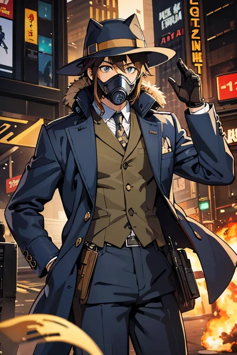 Humanoid Male Wolf Head, Brown Fur Hair, Blue Eye, Detective Fedora, Gas Mask, Detective Coat Suit, Shibuya City Theme Background, Happy Emotion mood, Anime, Masterpiece.