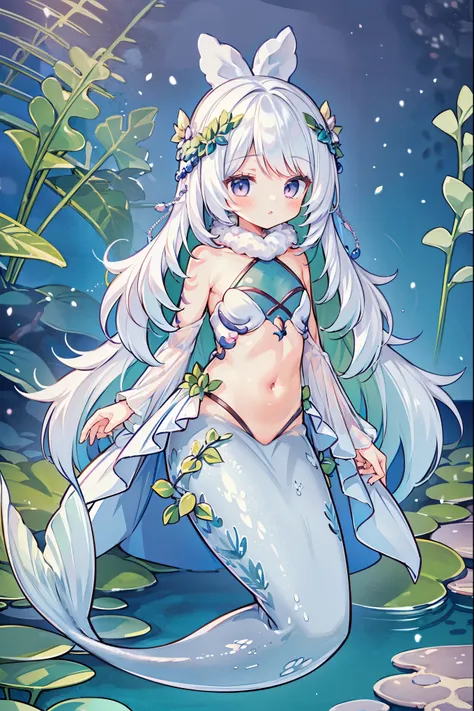 masterpiece, best quality(complete five fingers),a girl,mermaid,white hair,白色的mermaid尾巴,full-body shot,get posed,sea view,seabed...