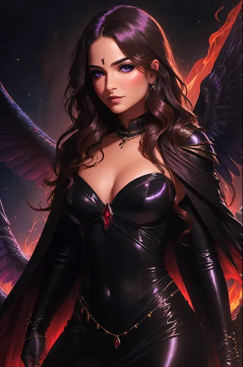 (masterpiece), (unrivalled quality:1.4), ultra-high resolution, [:velvet textures:0.2], hyperrealistic, dark fantasy portrait, m31m414 woman, adult (succubus:0.7) with a sly smirk, hypnotic ruby red eyes, raven-black hair cascading in waves, solo, detailed...