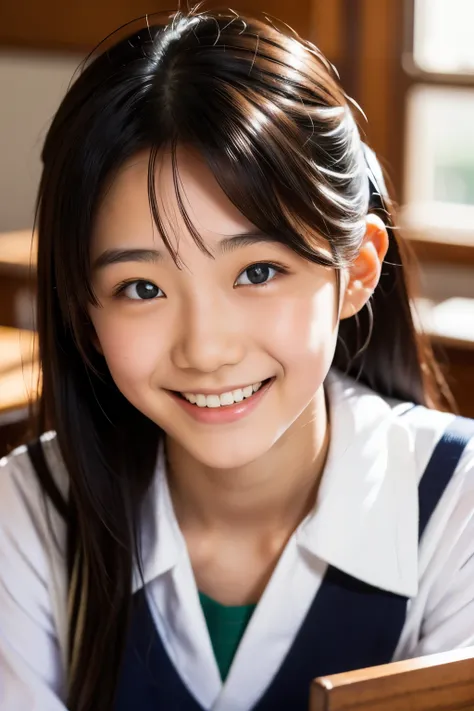 lens: 135mm f1.8, (highest quality),(RAW Photos), (Tabletop:1.1), (Beautiful 16 year old Japanese girl), Cute face, (Deeply chiseled face:0.7), (freckles:0.4), dappled sunlight, Dramatic lighting, (Japanese School Uniform), (In the classroom), shy, (Close-...