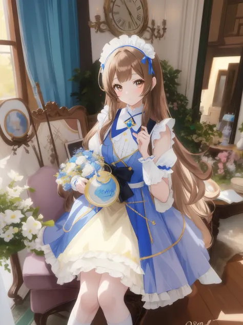 (brown long hair swept bangs:1.3), araffe dressed in a blue and white dress sitting on a chair, anime girl cosplay, cute anime waifu in a nice dress, cosplay of a catboy! maid! dress, portrait of magical lolita girl, fairycore, belle delphine, anime cospla...