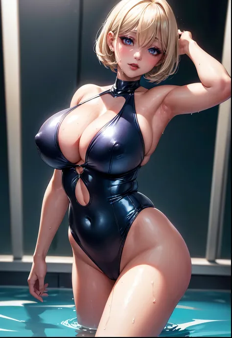 ((Taiwanese Idol))　35 years old　Blonde short hair with bangs　((Smokey makeup dark makeup with black eyeshadow))　plump cheeks　((Bright red rouge plump lips))　big breasts　Big eyes　cyberpunk pool　((Super shiny wet navy blue swimsuit))　fat body　 masterpiece　8K...