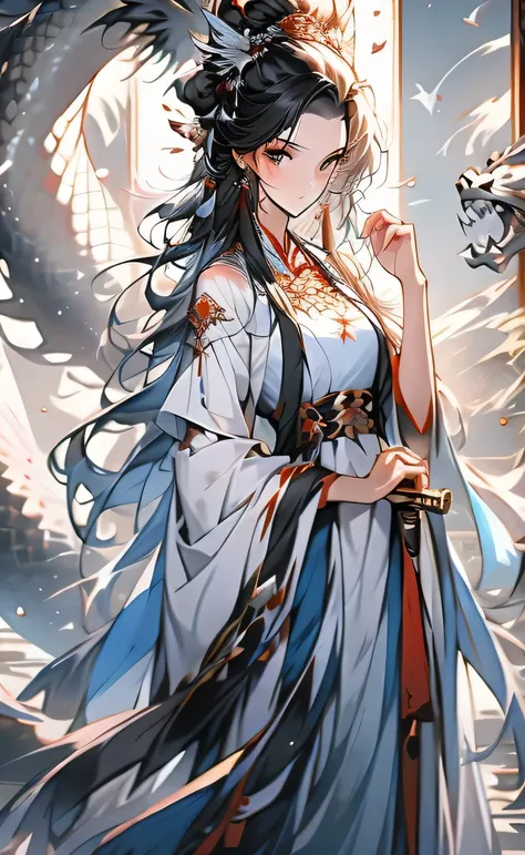 woman，White clothes，Long hair，Sword in hand，Black hair，White headdress，Fairy，Little Dragon Girl，Nice face