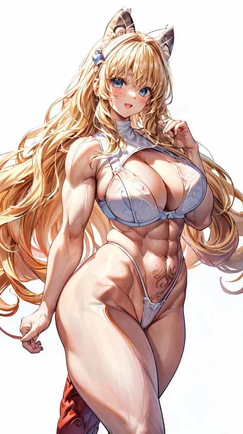 Very detailed、highest quality、Best image quality、masterpiece、8k、Anime Face、A kind smile、(Open your mouth:1.3)、Sparkling blue eyes、(Blonde Wavy Hair:1.5)、(Muscles of the whole body:1.3)、(highleg:2.0)、(Wearing a thong:1.5)、Thigh belt、(Cowboy Shot:1.5)、(SFW G...