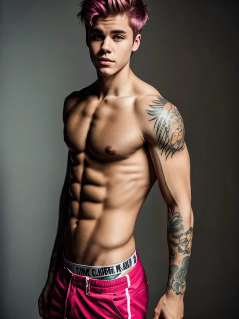 Justin Bieber, elegant gentleman, 8-pack body, curly pink hair, ugly, many tattoos, muscular body, shirtless, calvin Klein pants,