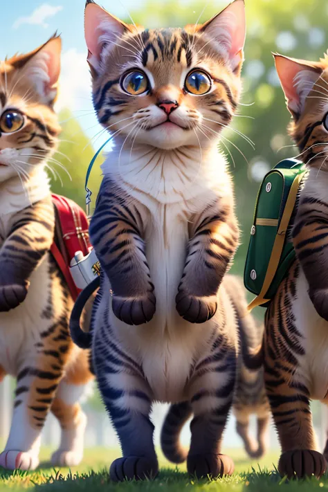 A troop of anthropomorphized kittens, clad in tiny caps and backpacks, file out of the kindergarten on a sun-kissed afternoon, their feline features accentuated by the warmth of the day. The scene is captured with a Long Shot (Wide Shot) using the Sony Alp...