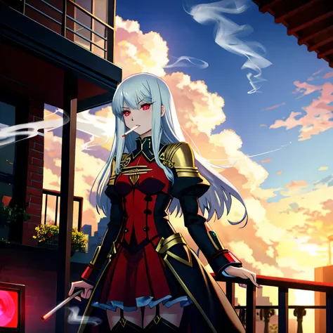 (Smoking a cigarette on the balcony of a two-story house. Smoke comes out of the cigarette, and the tip of the cigarette is heated red and emits a red light. 1:1.6)
BREAK
## Style
- Versatile: White Anime Barbie, Biomechanical, Anime Moe Art Style, Dress, ...