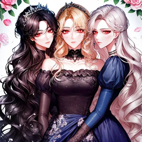 shoujo-style, (floral background), romance manhwa, (2girls, aligned), silver hair, blonde hair, solo, long hair, flower, dress, ...